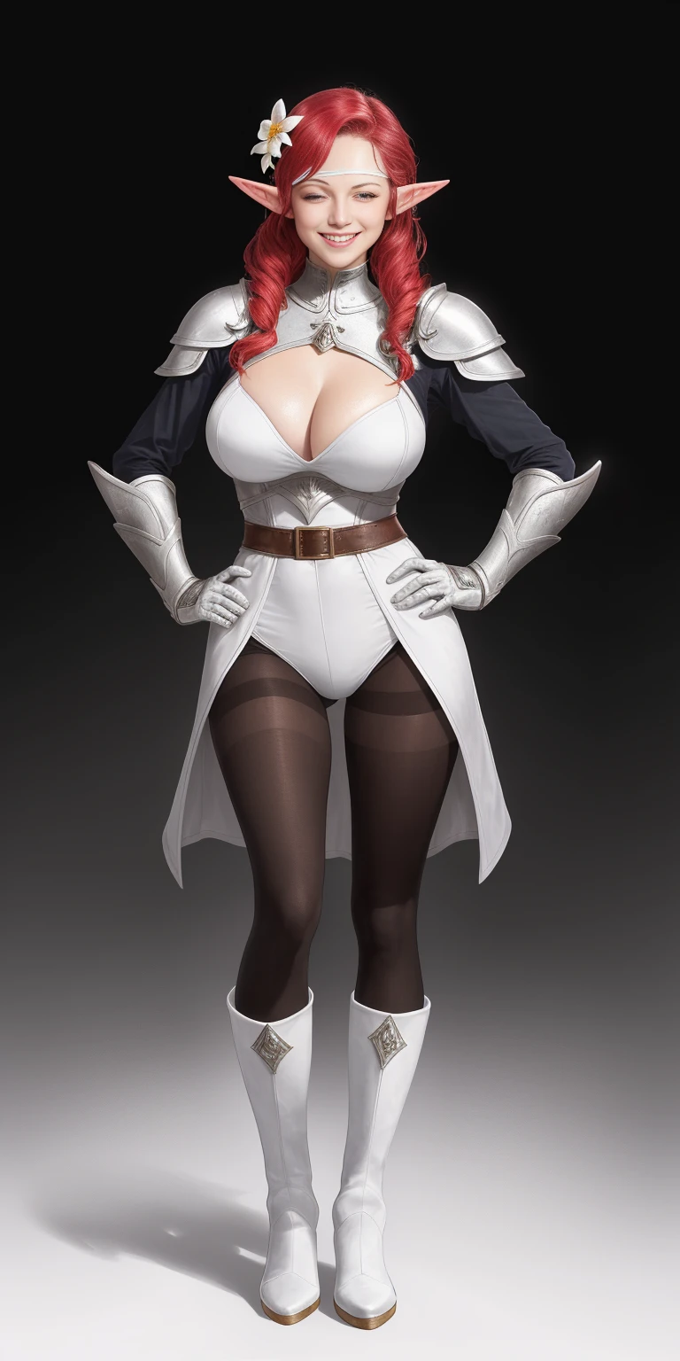 red tinted hair,White armor,long black glovelack pantyhoses, Handsome standing with white boots, (elf), (1girl), solo, sparkling, (hair flower), realistic, Blindfolded, hands on hips, pony tail, huge breast, huge boob, tall, blush, smirkking lustful smile, hands on hips