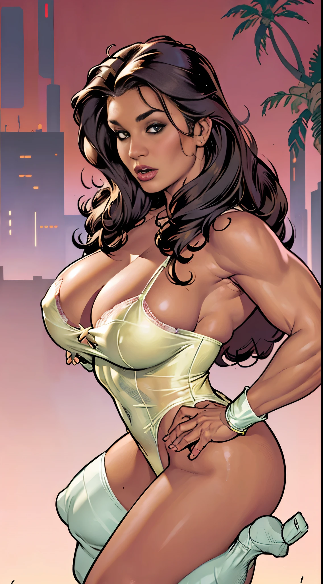 Rita Faltoyano a sexy yellow lingerie with white lace, cleavage, futurista cyberpunk, longas meias de renda branca(((corpo inteiro))) no painel de quadrinhos, corpo todo, bold lineart illustration comics, Cabelos preto longo, olhos azuis sedutores, parted lips, Corpo perfeito, big boobs, big booty, curved, Fitness, nsfw, ao estilo de Adam Hughes, (((obra prima))), (((adulto))) Explore retro-futuristic aesthetics, highlighting your confidence and skill. In the top of building. big city night