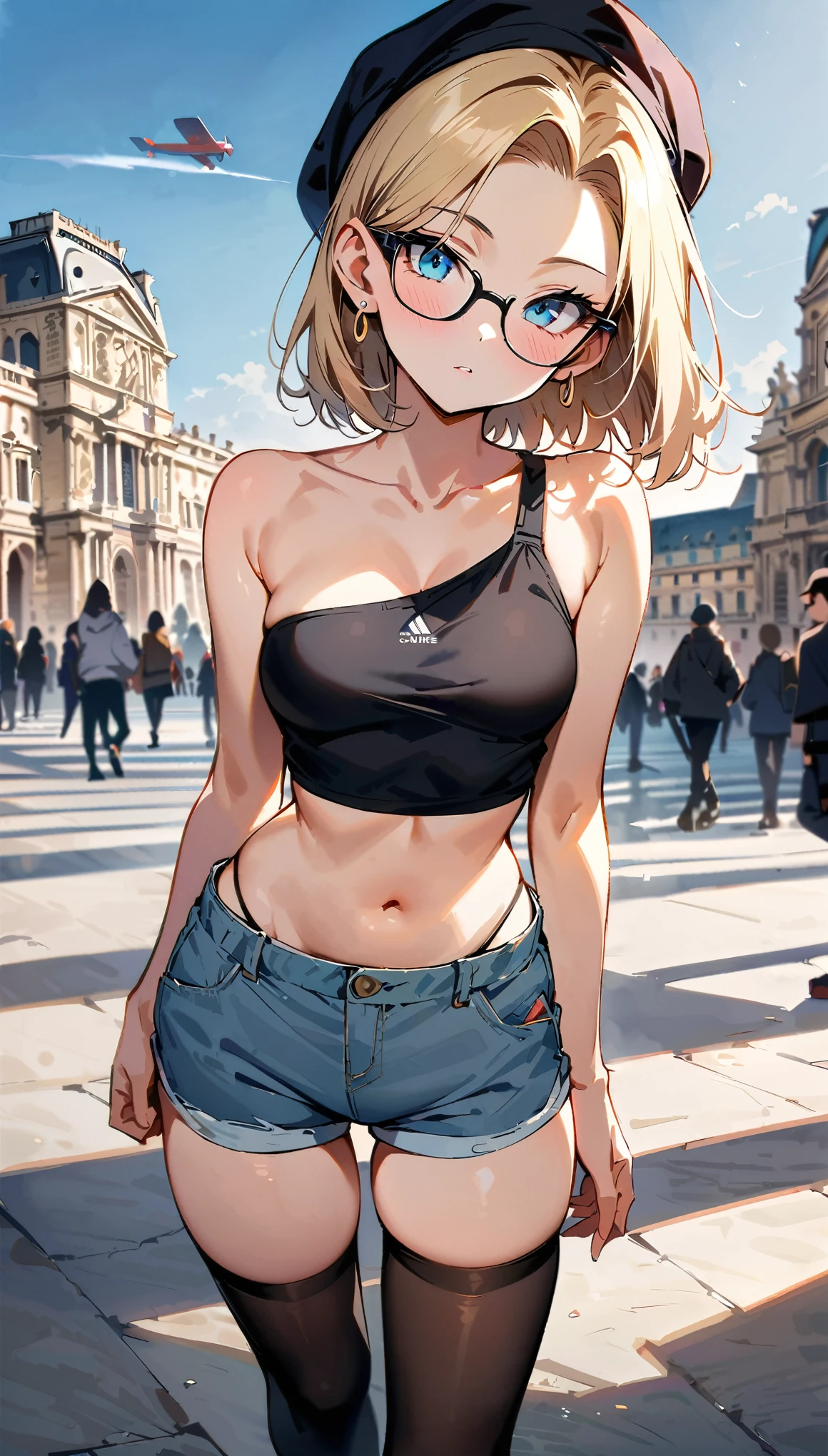 (masterpiece, best quality:1.2), from behind, solo, Android 18 from Dragon Ball, ((slip-on one-shoulder crop top)), (light gray top:1.2), (gray sport short shorts), strings of thong underwear slightly visible, (wearing glasses), small breasts, short blonde hair loose, (blue eyes), earrings on earlobes, ((plane black cap)), black thighhighs, black loafers, head tilt, light blush, looking back, arms behind back, slender feminine figure, narrow waistline, skinny body, no jacket, no logo, backless crop top, walking, the Louvre, the Eiffel Tower, outside, natural lighting and shadows, magnificent view, blur background, 4K