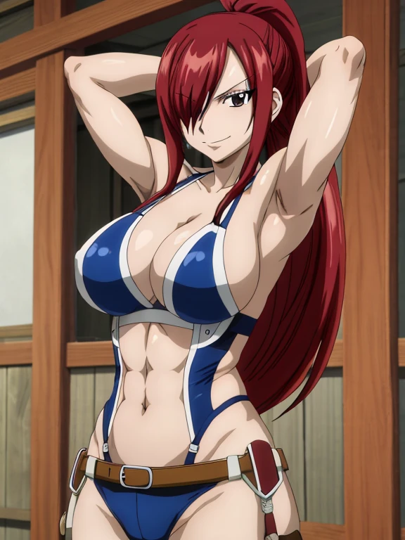 masterpiece, best quality, highres, anime style, anime official art,fairy tail, 1girl, long hair, red hair, ponytail, hair over one eye, brown eyes, seductive smile, large breasts, wearing full armor, cowboy shot, indoors, arms up,armpits, armpits visible, sixpack, abs