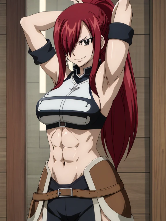 masterpiece, best quality, highres, anime style, anime official art,fairy tail, 1girl, long hair, red hair, ponytail, hair over one eye, brown eyes, seductive smile, large breasts, wearing full armor, cowboy shot, indoors, arms up,armpits, armpits visible, sixpack, abs