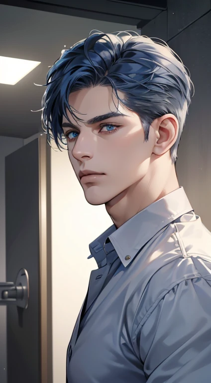 (best quality, masterpiece, 8K, photorealistic, cinematic lighting, hdr image, ultra detailed, beautiful image), 1 man, 31 years old, mature man, very handsome, (without expression, serious), short blue hair, blue grey eyes ( penetrating gaze), perfect face without errors, imposing posture, without errors, businessman, office background