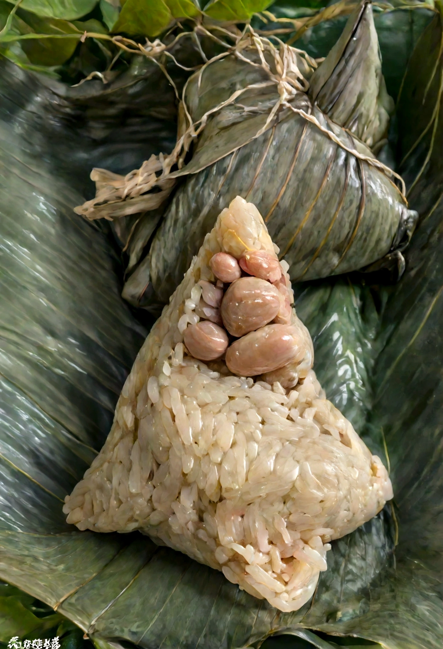 A panda-shaped zongzi, made of glutinous rice, has a cute expression, the lower half of the body is wrapped in tapered leaves, the head sticking out of the leaves, equidistant, cartoon-style, Macro Lens, studio light, nature, soft lighting, film grain, cowboy shot, epiCPhoto