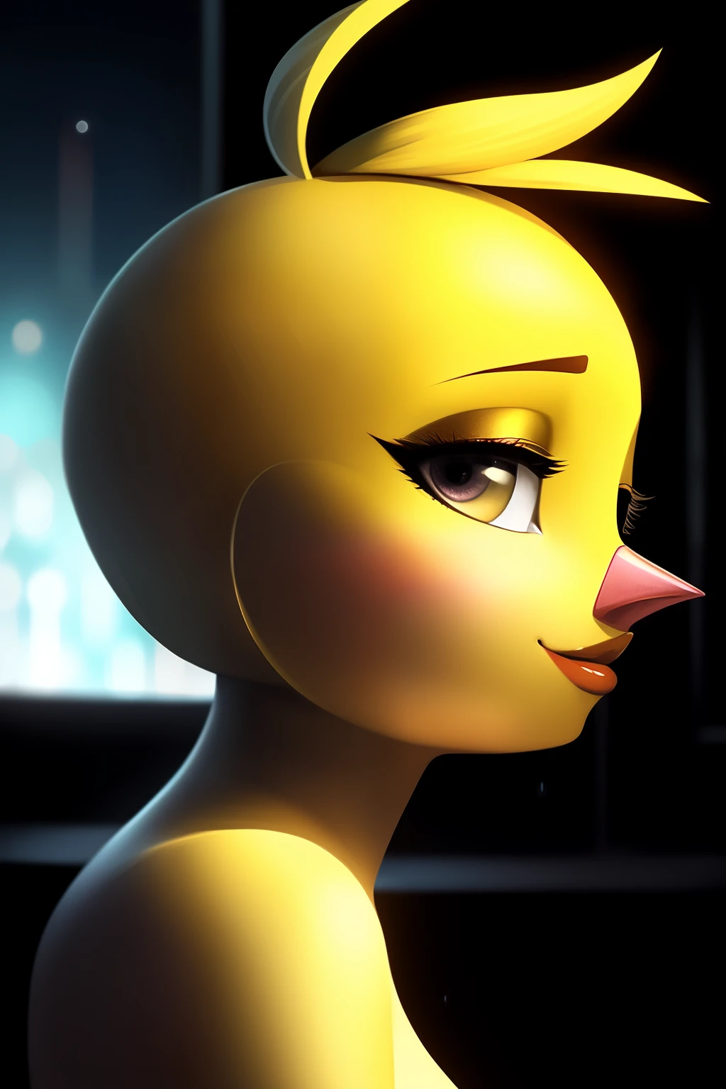 Medium close up shot, seductive profile view, faceless yet tantalizingly anthropomorphic Chica, displaying her alluring expressive 2D art style. She is shown to be naked, revealing her sexy curvaceous body, defined waist, and ample bust. The background is a dark, mysterious, and slightly blurred night cityscape, with neon lights flickering in the rain, setting a cool and sensual atmosphere. The image is rendered in ultra-detailed, photo-realistic quality, with a focus on realistic proportions and subtle shading. The rendering boasts a wide dynamic range, low light, and dark shadows, creating an enchanting and captivating overall visual
