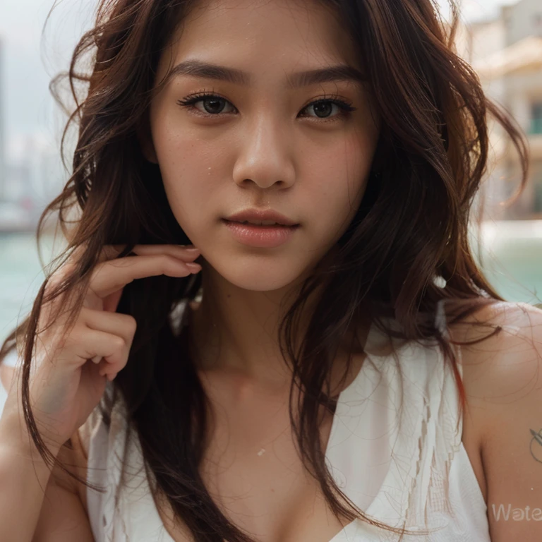 Beautiful woman in orange top holding a heart shaped object, south east asian with round face, headshot profile picture, slightly tanned, 🤤 girl portrait, in water, close up portrait shot, soft portrait shot 8 k, beuatiful face, fanart, a young asian woman, water water, detailed face of a asian girl, photo of a beautiful woman