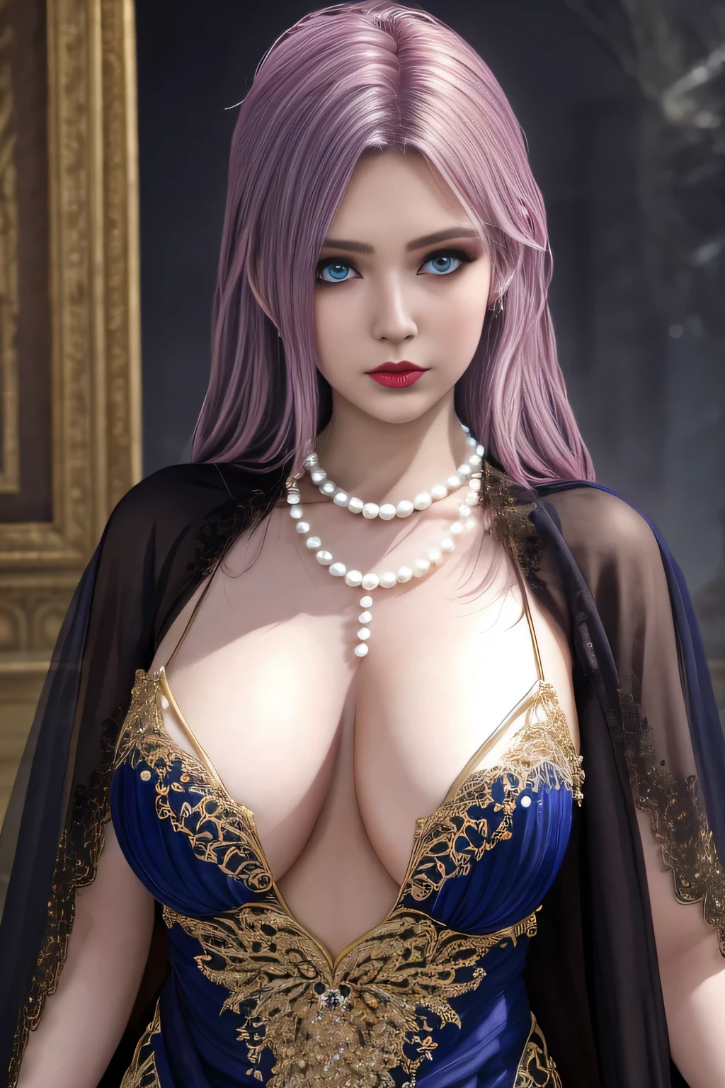 1girl, ice-crystal embellished dress, unclothed body, jewel, lace cloak, fluffs, pearl bodychain, beautiful detailed eyes, beautiful detailed lips, extremely detailed eyes and face, long eyelashes, best quality, 4k, 8k, highres, masterpiece, ultra-detailed, realistic, photorealistic, photo-realistic, ethereal glow, regal elegance, intricate details, luxurious, otherworldly beauty, dark atmospheric background, supernatural aura,  elise,