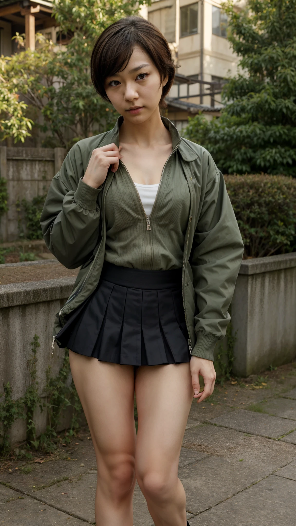 masterpiece, best quality, absurdres, perfect antomy, soejima shigenori, Satonaka Chie, brown eyes, green jacket, black skirt, track jacket, outdoors