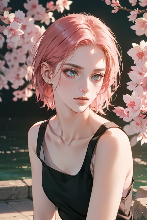 young woman, short shoulder-length pink hair, wide forehead, porcelain skin, pink eyebrows, big emerald green eyes, buttoned nose, full lips, heart-shaped face, slender body, small breasts, red tank top, Sakura Haruno , realistic, realism, details, 3d, well detailed
