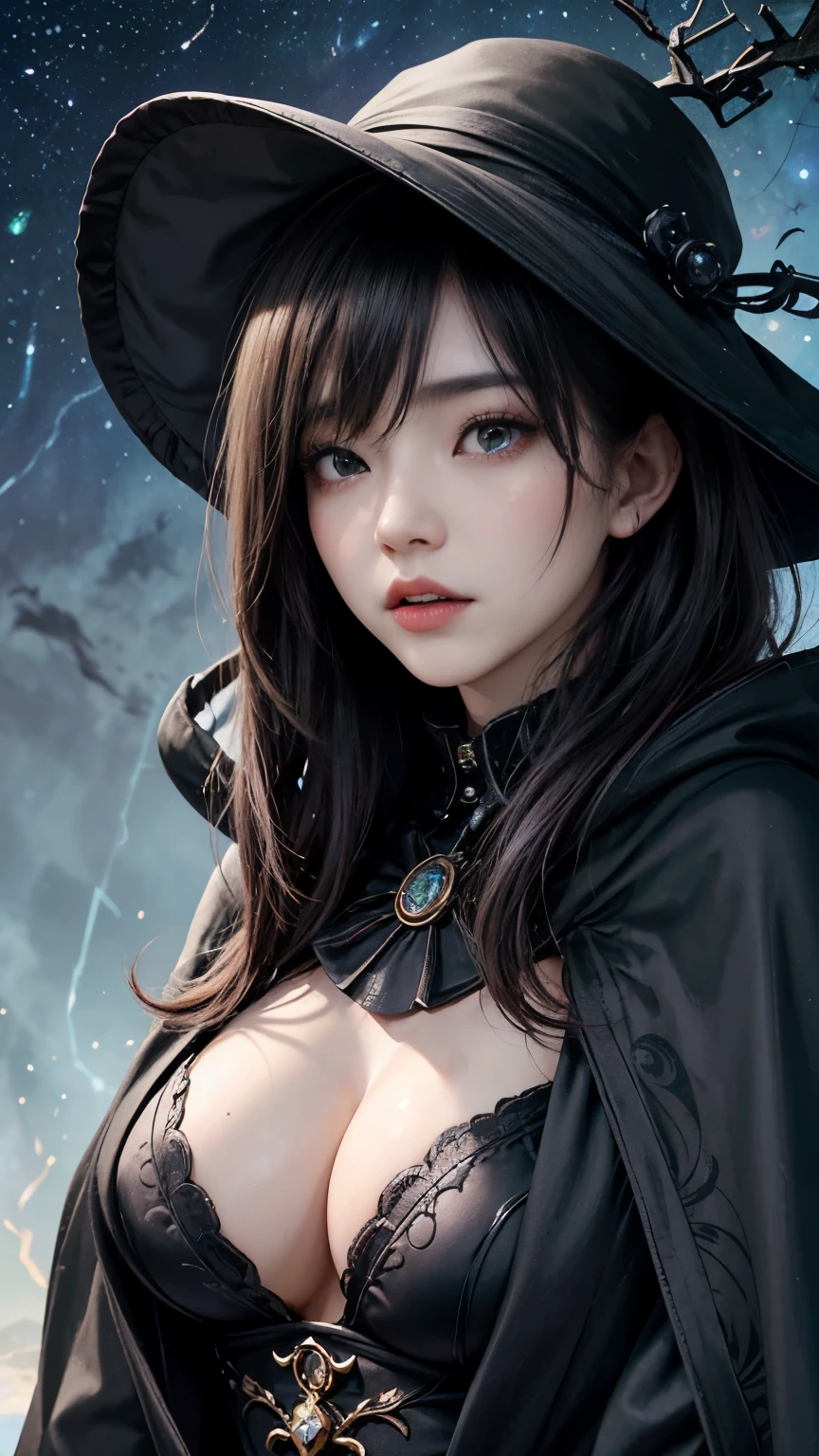 (Fatal Beauty,A fascinating villain,witch) ,(A supple and powerful physique),(Sensual charm),(Mysterious charm:1.1),(Captivating silhouette),(highest quality,High resolution:1.2),(dark,Threatening:1.1),((dark horror theme:1.5),(Thriller:1.5)),(Dark fantasy:1.5),  (((Countless stars fly away:1.5),(Absurd:1.5),(wonderful:1.5))),Woman in a Red Dress, (Powerful figures:1.1),(((Big Breasts))),(((Fiery crown:1.1))),prime color,Urban,Very detailed,masterpiece,Intricate details,Faded,Very detailed, Eye for details,Intricate details,暗くてSpooky atmosphere,  Spiritual Beings, 忘れられないほどbeautiful, Ghostly figures, Shadow-like shape, Spooky whispers, Ominous Aura, Goth Maiden, Very dark彼女の目, Like dazzling fur in a starless haze,Her Mogul Snaps, Mysterious Cemetery,Black hair swaying in the moonlight, She summons darkness, (beautiful: 1.7), (Black Hat: 1.6), (An intricately decorated jet-black cloak: 1.6), (Delicately decorated cloak, although it is damaged: 1.5), Hypermaximalist,  Breathtaking oil paintings, Surreal, Ultra-realistic digital illustrations that mimic the style of oil paintings, Seamlessly blending the psychedelic visionary art of Alex Grey with the physio-mechanical aesthetic of HR Giger. wonderful構成,  (Eyes Shining:1.6)、(Glowing Eyes:1.1),(hellish landscape:1.1),(fire,sulfur:1.1),(Threatening atmosphere:1.1),(dark shadows,Threatening presence:1.1),(Unlucky Clouds,Stormy Skies:1.1),(dark,Spooky atmosphere:1.1),(Aura of misfortune,Evil energy:1.1),(dark aura,cigarette:1.1),(Extreme heat,Burning Flames:1.1),(Nightmare Visions:1.1),(Predicting the end:1.1),(Whispers of misfortune,Devilish laughter:1.1),(Cry of pain,echoing screams:1.1),(Bad luck symbol,Ancient runes:1.1),(Mysterious Relic,dark 美術ifacts:1.1),(Infernal Ritual,Ritual sacrifice:1.1),(Eternal Ruin,A hopeless existence:1.1),  Inspired by the background of the abandoned mecha. Art created by Craig Mullins, Necrostyle., Detailed Description, Futuristic sci-fi scene. Focus on SF concept art, Vivid colors and sharp focus. 
