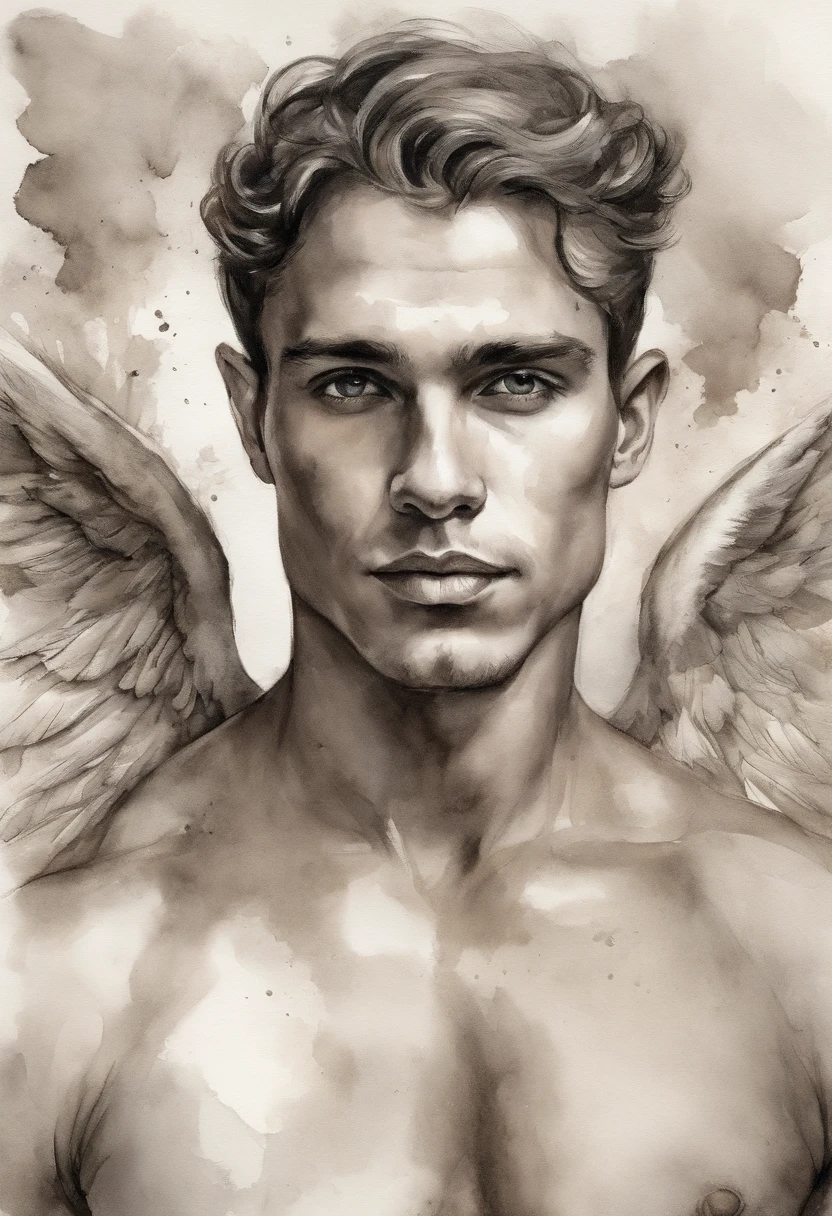 A zoomed in view of a handsome and sexy young man with angel wings , capturado em cores , his eyes looking directly at the viewer with an intense expression, his features etched with a sense of mystery and allure, cercado por tufos de neblina, adding an ethereal touch, Escultura,  Homen sexy Bonito atletico beleza italiana angelical com asas e plumas . Aquarela tinta pintura. Textura de tintas aquarela pingos e respingos de tinta. Corpo inteiro nu pelado, penis wake.  Male sexy nude