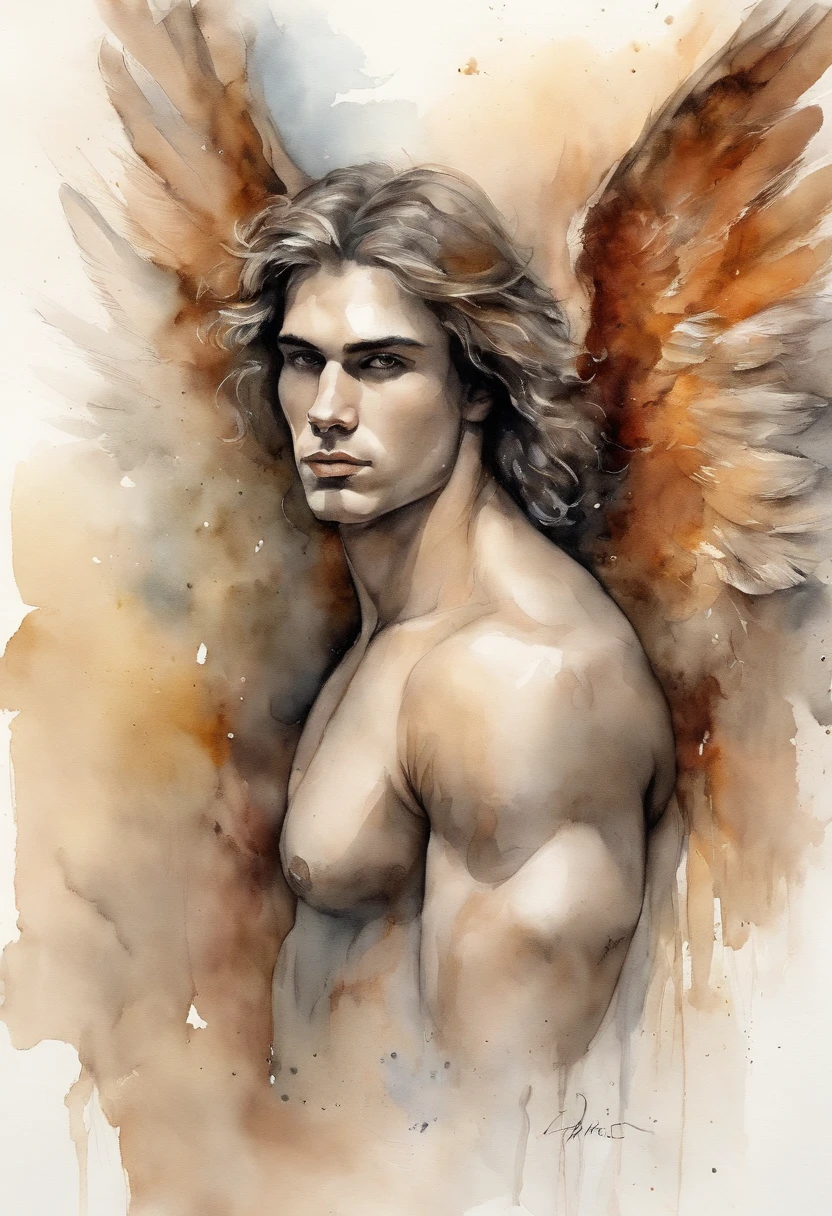 A zoomed in view of a handsome and sexy young man with angel wings , capturado em cores , his eyes looking directly at the viewer with an intense expression, his features etched with a sense of mystery and allure, cercado por tufos de neblina, adding an ethereal touch, Escultura, Homen sexy Bonito atletico beleza italiana angelical com asas e plumas . Aquarela tinta pintura. Textura de tintas aquarela pingos e respingos de tinta. Corpo inteiro nu pelado, penis wake. Male sexy nude