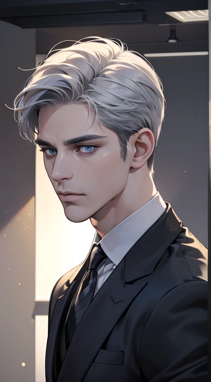 (best quality, masterpiece, 8K, photorealistic, cinematic lighting, hdr image, ultra detailed, beautiful image), 1 man, 31 years old, mature man, very handsome, (without expression, serious), short white hair, blue grey eyes ( penetrating gaze), perfect face without errors, imposing posture, without errors, businessman, office background