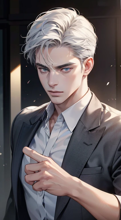 (best quality, masterpiece, 8K, photorealistic, cinematic lighting, hdr image, ultra detailed, beautiful image), 1 man, 31 years old, mature man, very handsome, (without expression, serious), short white hair, blue grey eyes ( penetrating gaze), perfect face without errors, imposing posture, without errors, businessman, office background