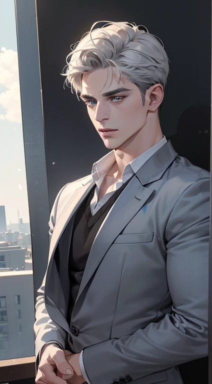 (best quality, masterpiece, 8K, photorealistic, cinematic lighting, hdr image, ultra detailed, beautiful image), 1 man, 31 years old, mature man, very handsome, (without expression, serious), short white hair, blue grey eyes ( penetrating gaze), perfect face without errors, imposing posture, without errors, businessman, office background