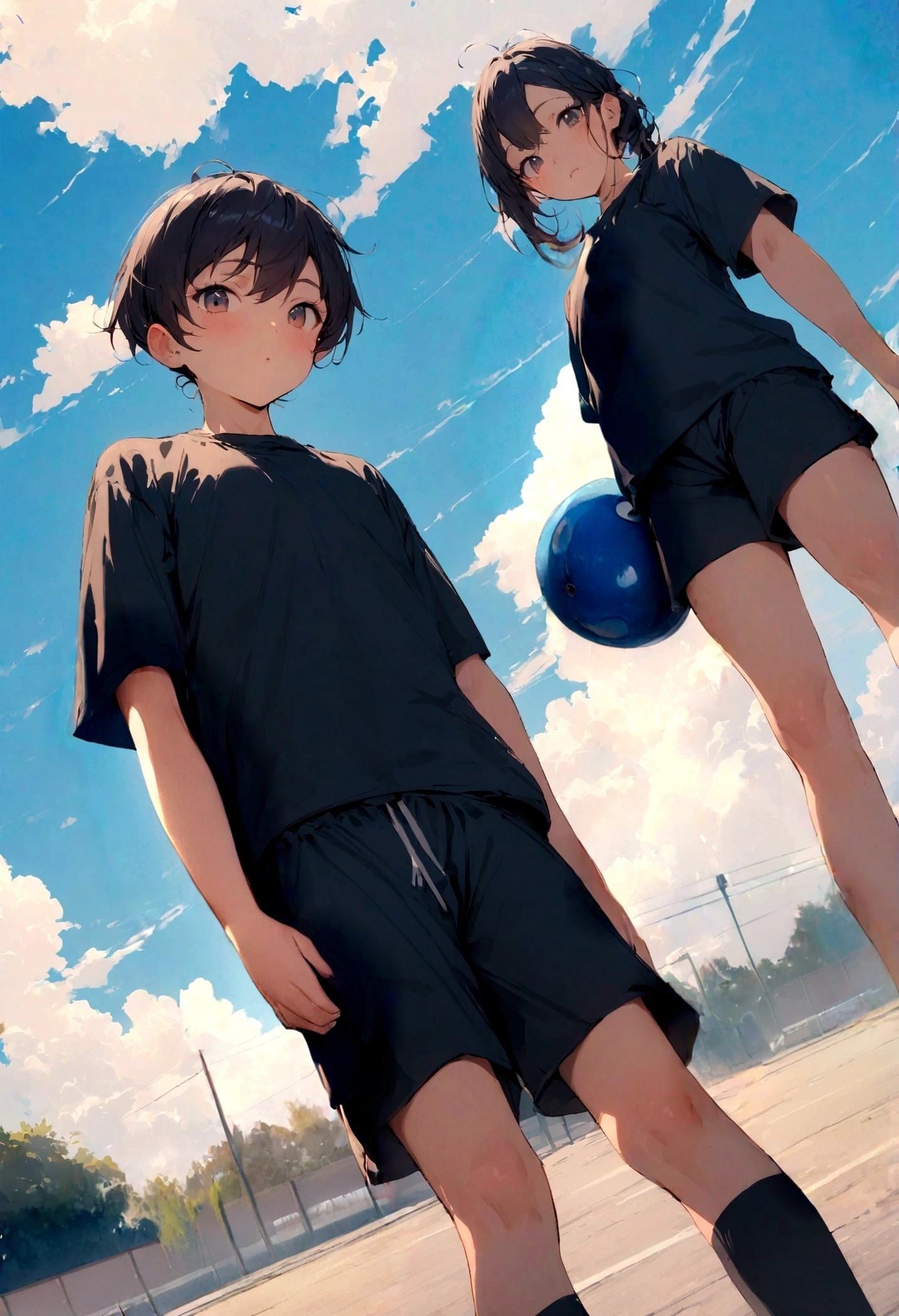 ((RAW Photos)), ((masterpiece)),masterpiece, highest quality, ,, View Viewer, A man wearing shorts with his , With cloud, With blue sky, With a beautiful sky、Primary school students、Primary school students男子、Elementary School Girls、Holding the ball、beautiful、cute、high resolution、Sports、Front facing、Two people stand side by side、The whole body is shown、Stand at an angle、blue sky、Dotch Ball、Hold the ball at your side