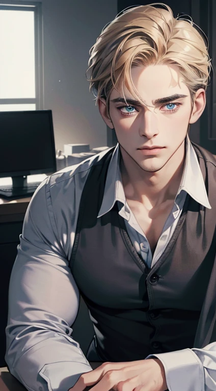 (best quality, masterpiece, 8K, photorealistic, cinematic lighting, hdr image, ultra detailed, beautiful image), 1 man, 31 years old, mature man, very handsome, (without expression, serious), short golden hair, blue grey eyes ( penetrating gaze), perfect face without errors, imposing posture, without errors, businessman, office background