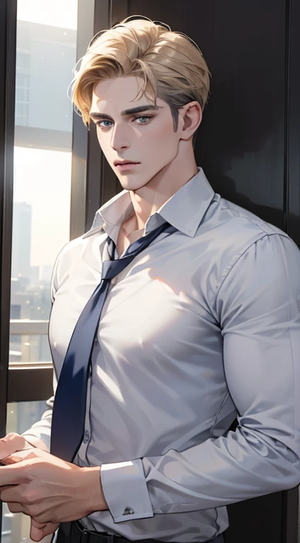 (best quality, masterpiece, 8K, photorealistic, cinematic lighting, hdr image, ultra detailed, beautiful image), 1 man, 31 years old, mature man, very handsome, (without expression, serious), short golden hair, blue grey eyes ( penetrating gaze), perfect face without errors, imposing posture, without errors, businessman, office background