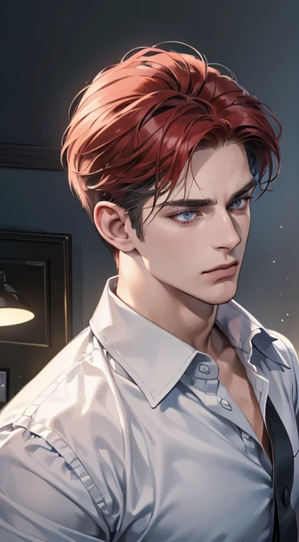 (best quality, masterpiece, 8K, photorealistic, cinematic lighting, hdr image, ultra detailed, beautiful image), 1 man, 31 years old, mature man, very handsome, (without expression, serious), short red hair, blue grey eyes ( penetrating gaze), perfect face without errors, imposing posture, without errors, businessman, office background