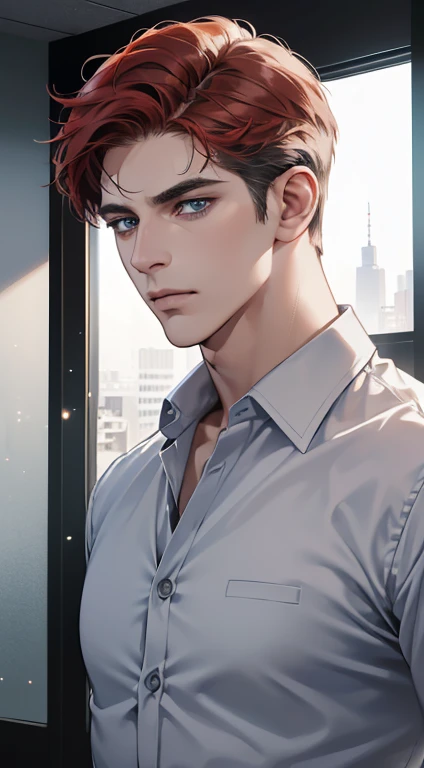 (best quality, masterpiece, 8K, photorealistic, cinematic lighting, hdr image, ultra detailed, beautiful image), 1 man, 31 years old, mature man, very handsome, (without expression, serious), short red hair, blue grey eyes ( penetrating gaze), perfect face without errors, imposing posture, without errors, businessman, office background