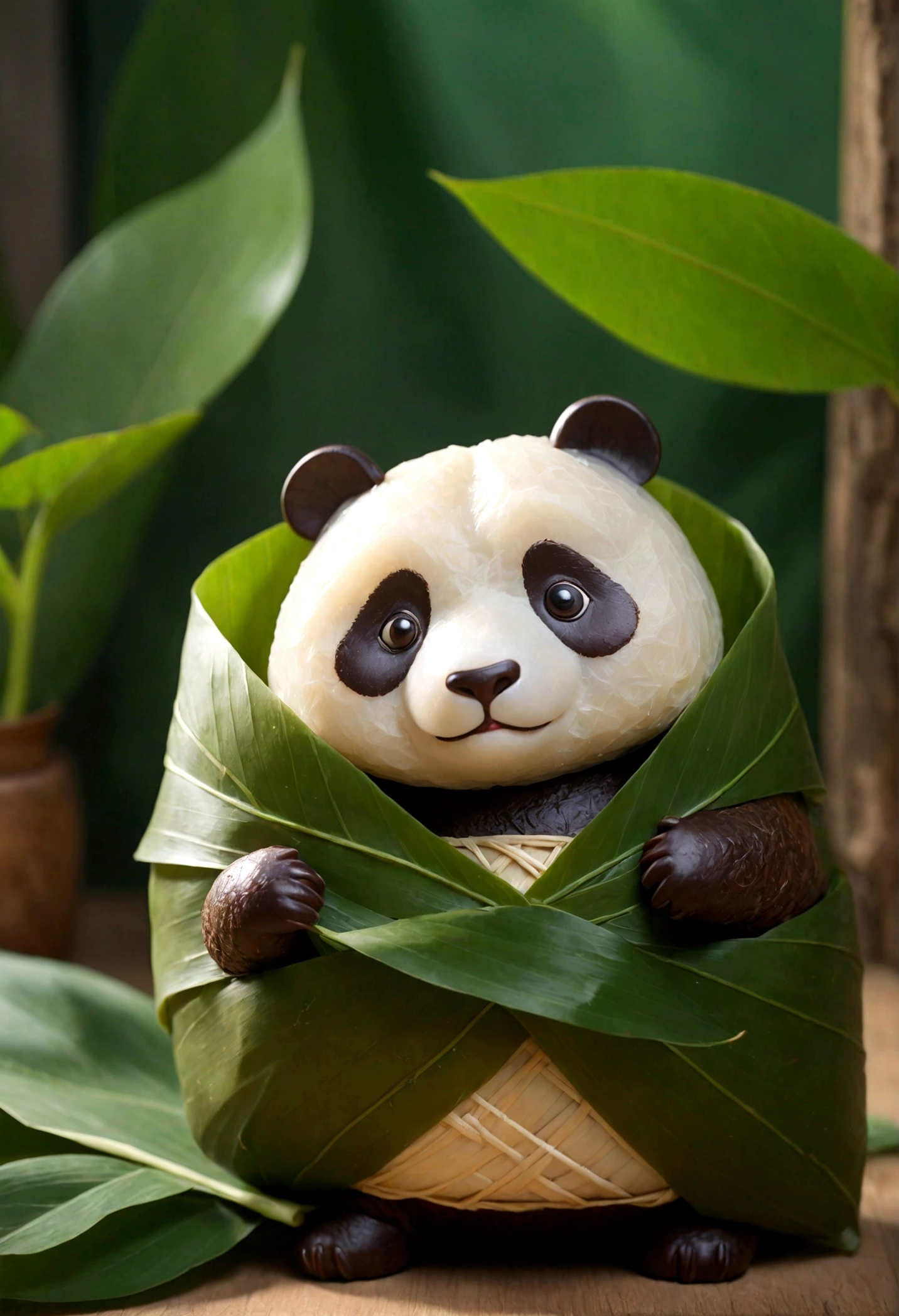 A panda-shaped zongzi, made of glutinous rice, has a cute expression, the lower half of the body is wrapped in tapered leaves, the head sticking out of the leaves, equidistant, cartoon-style, Macro Lens, studio light, nature, soft lighting, film grain, cowboy shot, epiCPhoto