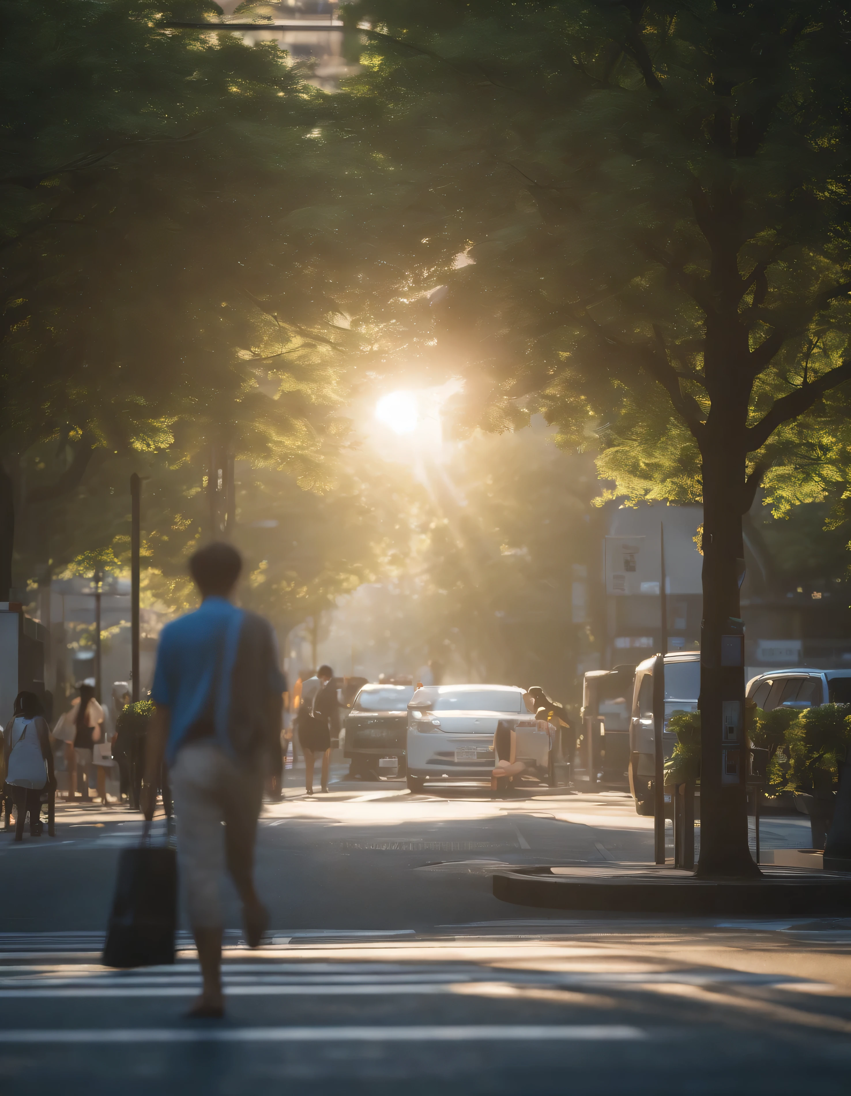 landscape, summer, sun, Tokyo, building, uninhabited, nobody, hot weather, blue sky, HD detail, ultra detail, film, hyperrealism, soft light, deep focus bokeh, ray tracing, gwise on pixiv art station, Makoto Shinkai, art germ