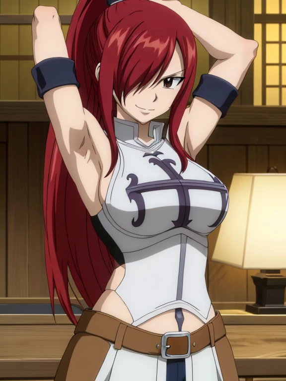 masterpiece, best quality, highres, anime style, anime official art,fairy tail, 1girl, long hair, red hair, ponytail, hair over one eye, brown eyes, seductive smile, large breasts, wearing full armor, cowboy shot, indoors, arms up,armpits, armpits visible, sixpack, abs