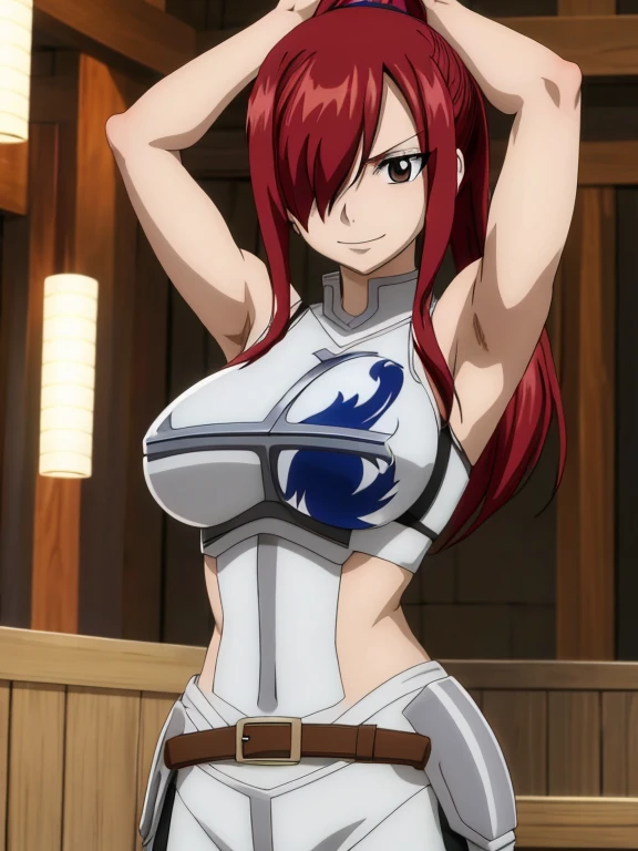 masterpiece, best quality, highres, anime style, anime official art,fairy tail, 1girl, long hair, red hair, ponytail, hair over one eye, brown eyes, seductive smile, large breasts, wearing full armor, cowboy shot, indoors, arms up,armpits, armpits visible, sixpack, abs
