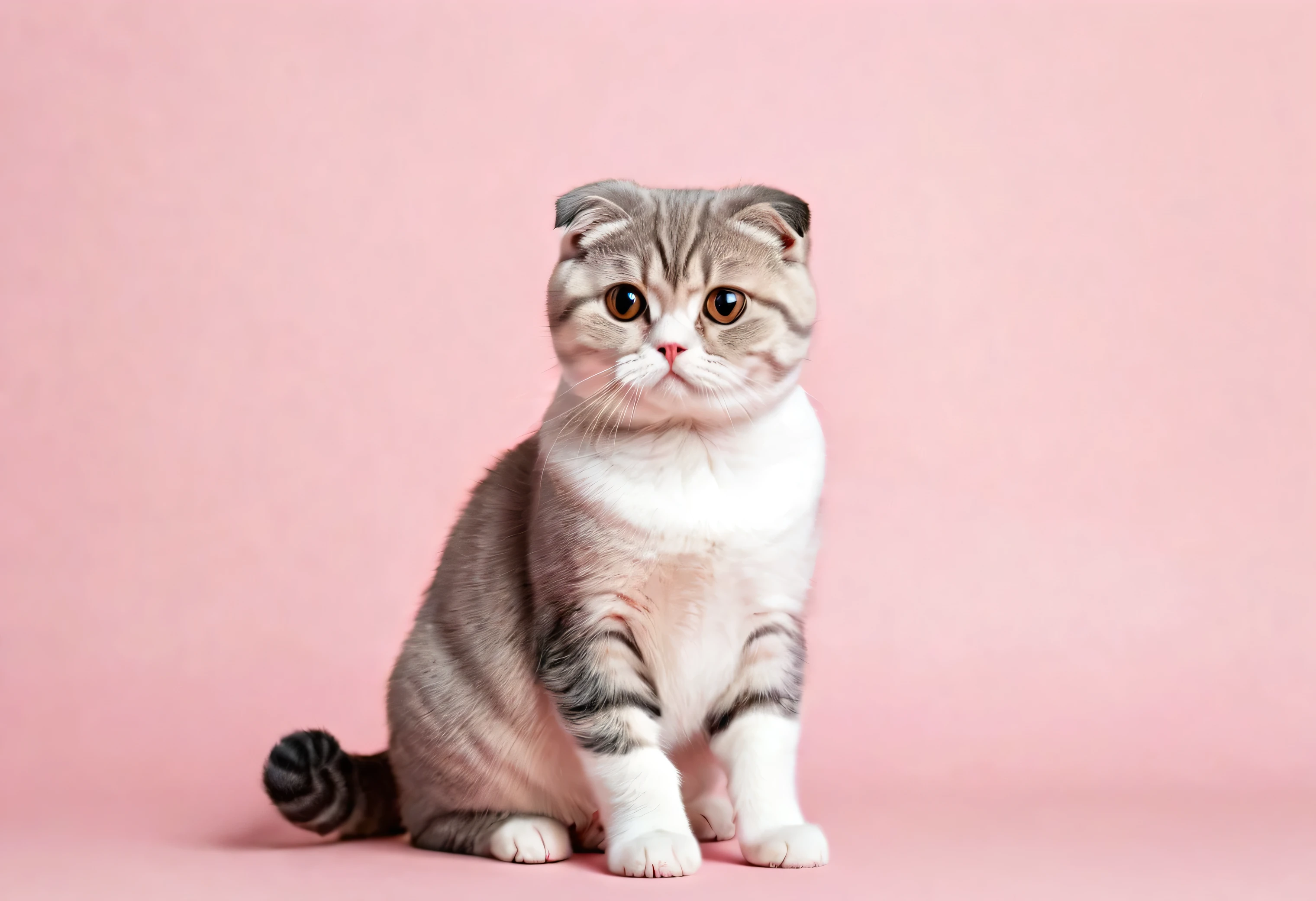 A cute Scottish Fold sitting on a solid pastel pink background with space above for text