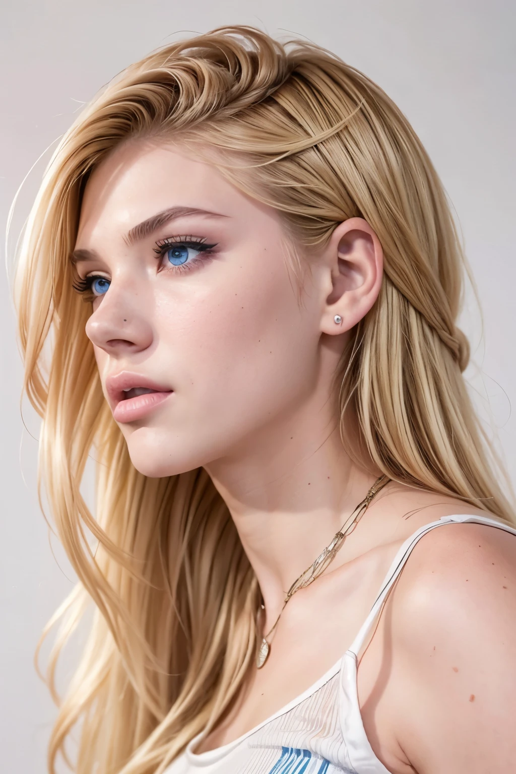2 brothers, man and woman. ((AlexiaThompson01R face)). White background. beautiful. perfect, blonde hair, blue eyes. (Location: white wall, white background) black sleeveless t-shirt. Vibrant Blue Eye. hair falling over one eye. pink lips. perfect, white skin. thin nose, thin chin. face in profile, face from the side.