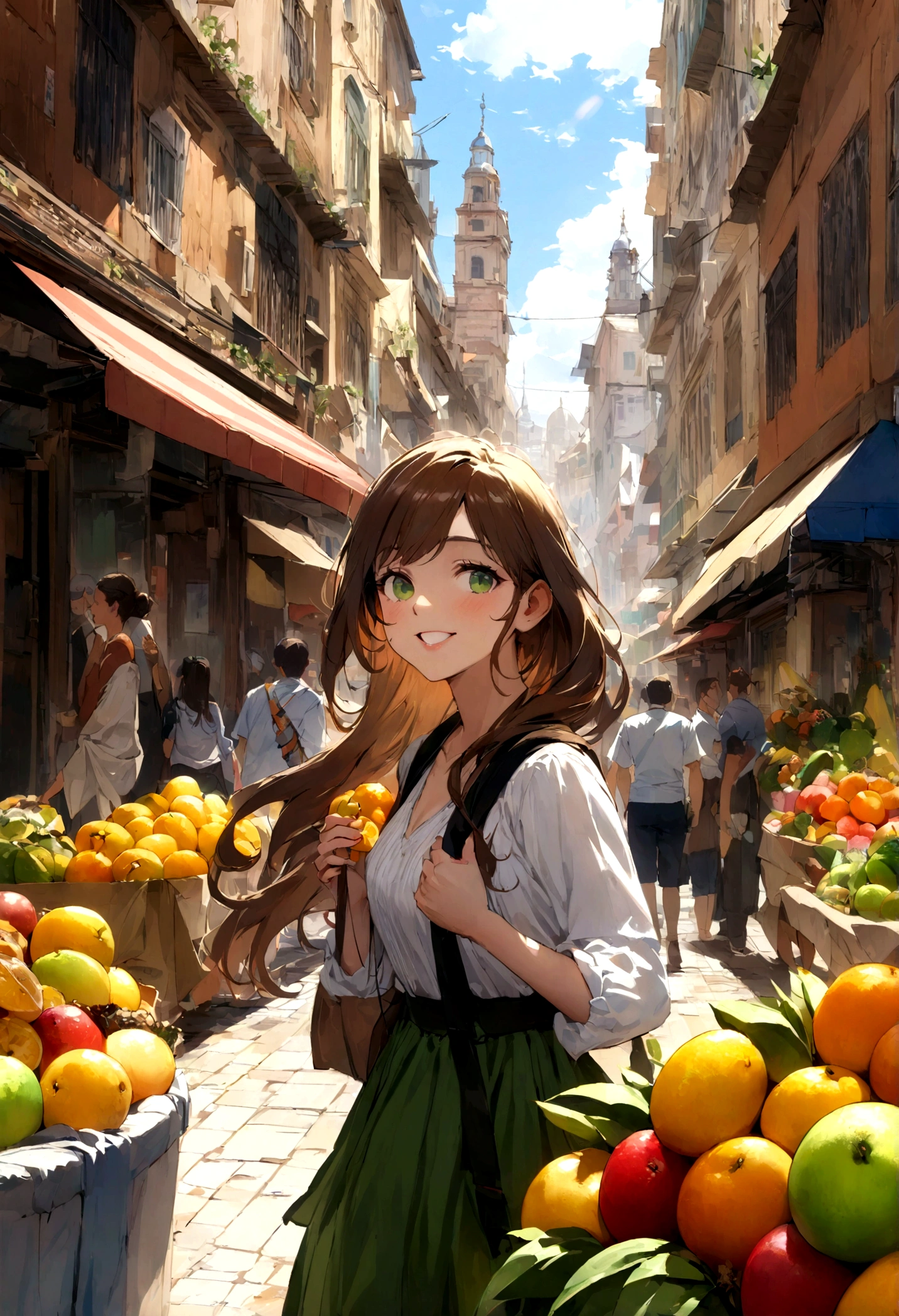 Generate a detailed image of a woman who appears to be 23 years old, with brown hair, green eyes, full lips, and a fit body. She is walking down a bustling street in downtown São Paulo, surrounded by tall and colorful buildings. The sun is shining in the blue sky, reflecting off the stained glass windows of the buildings. She smiles as she passes by street vendors selling fresh tropical fruits and lively people enjoying the day. The sound of Brazilian music fills the air, creating a cheerful and vibrant atmosphere.