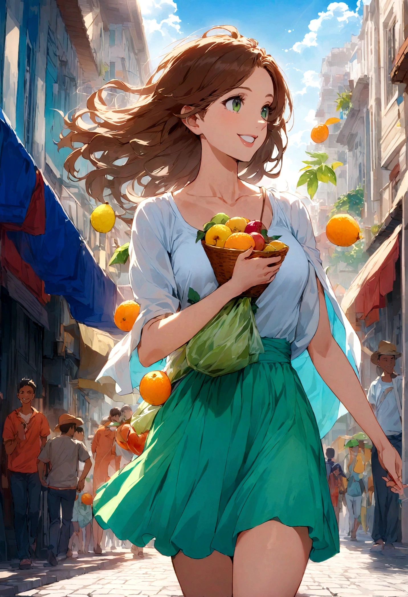 Generate a detailed image of a woman who appears to be 23 years old, with brown hair, green eyes, full lips, and a fit body. She is walking down a bustling street in downtown São Paulo, surrounded by tall and colorful buildings. The sun is shining in the blue sky, reflecting off the stained glass windows of the buildings. She smiles as she passes by street vendors selling fresh tropical fruits and lively people enjoying the day. The sound of Brazilian music fills the air, creating a cheerful and vibrant atmosphere.