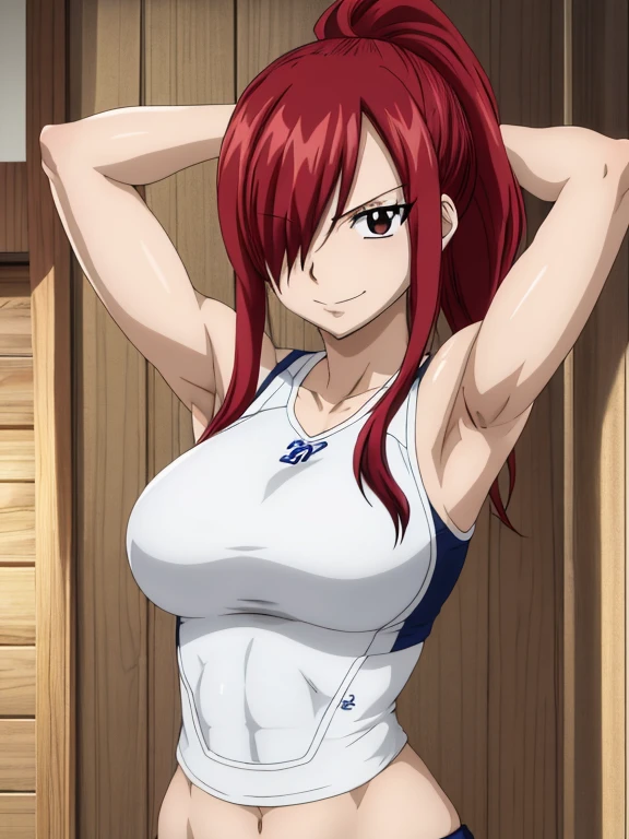 masterpiece, best quality, highres, anime style, anime official art,fairy tail, 1girl, long hair, red hair, ponytail, hair over one eye, brown eyes, seductive smile, large breasts, wearing volleyball jersey, cowboy shot, indoors, arms up,armpits, armpits visible, sixpack, abs