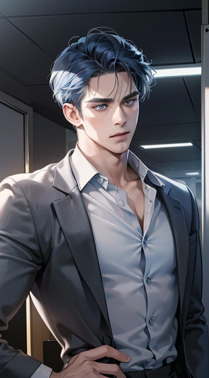 (best quality, masterpiece, 8K, photorealistic, cinematic lighting, hdr image, ultra detailed, beautiful image), 1 man, 31 years old, mature man, very handsome, (without expression, serious), short blue hair, blue grey eyes ( penetrating gaze), perfect face without errors, imposing posture, without errors, businessman, office background