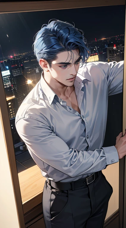 (best quality, masterpiece, 8K, photorealistic, cinematic lighting, hdr image, ultra detailed, beautiful image), 1 man, 31 years old, mature man, very handsome, (without expression, serious), short blue hair, blue grey eyes ( penetrating gaze), perfect face without errors, imposing posture, without errors, businessman, office background