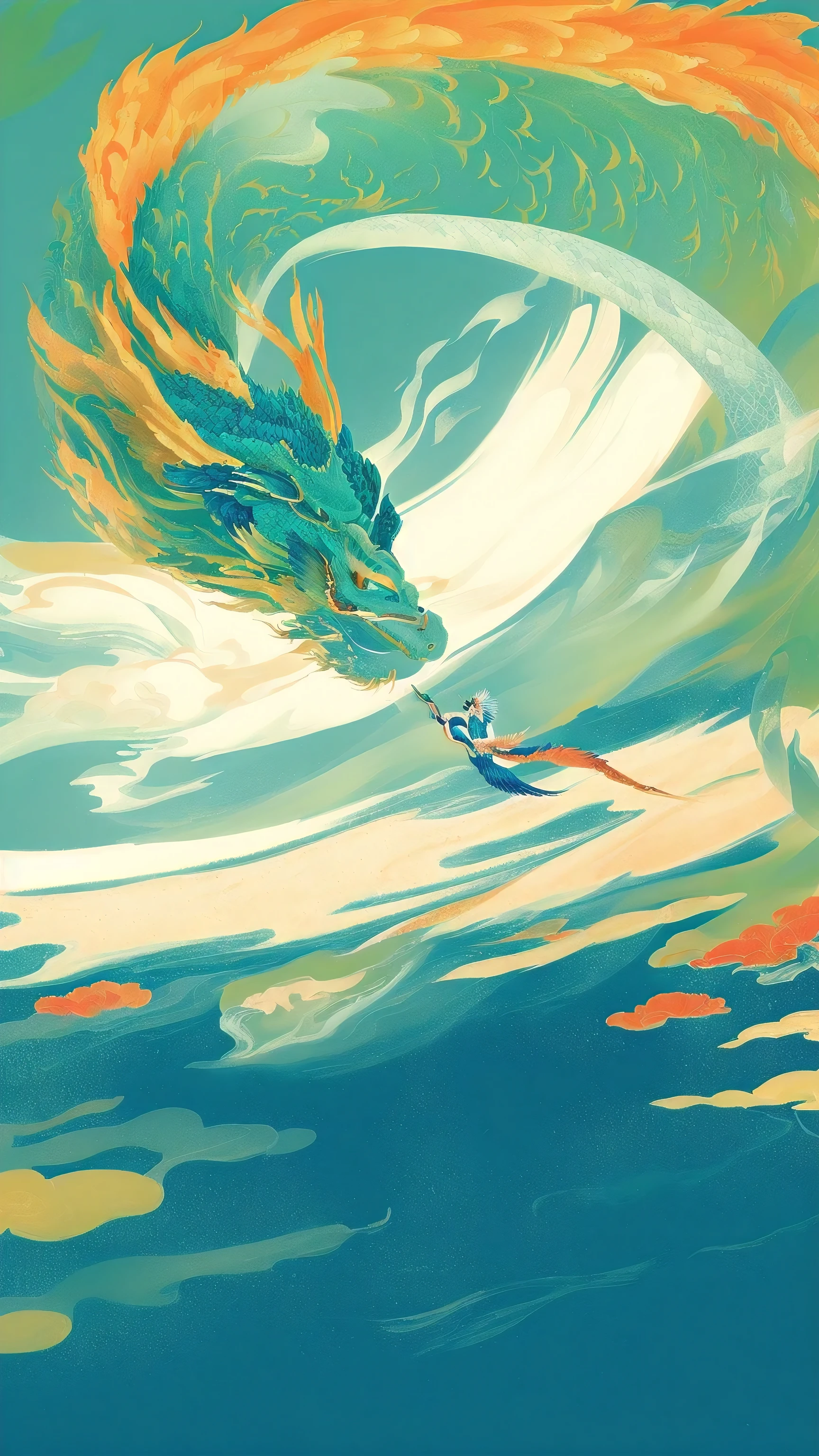 Colorful painting of a dragon flying over water, Inspired by Victor I, Wei Weide style, Wei Weide! Soft colors, jc leyendecker and Deng Shaqin, Deng Shaqin, Wei Weide and tristan eaton, in the style of Deng Shaqin, author：Craig Thompson, ( ( Wei Weide ) )