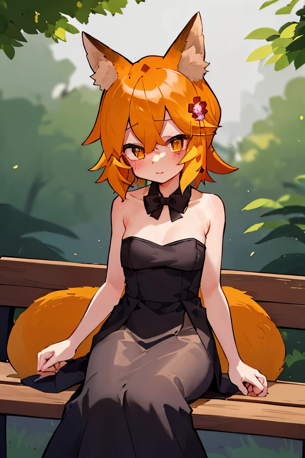 masterpiece, best quality, highly detailed, sen, animal ears, fox ears, fox girl, fox tail, hair flower, hair ornament, orange eyes, orange hair, short hair, tail, blush, looking at viewer, , girl, small breasts, detailed hands, keqing (opulent splendor) (genshin impact), official alternate costume, dress, night, strapless dress, looking at viewer, cleavage, black dress, strapless, bare shoulders, bangs, bow, detached collar, ribbon, double bun, two-tone dress, hair ornament, black bow, hair ribbon, blue dress, bowtie, sitting on bench