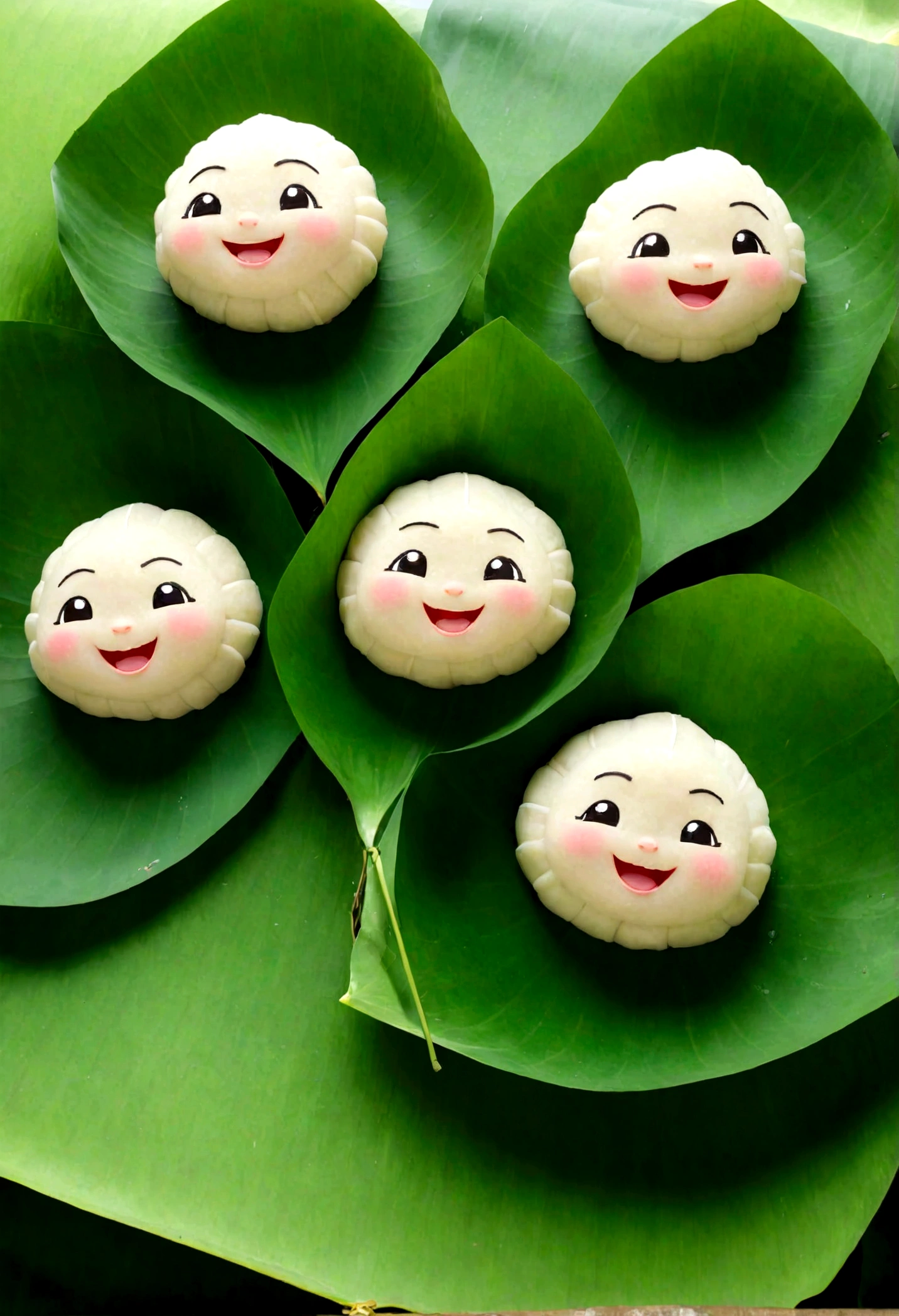 A triangular glutinous rice dumpling，Glutinous rice filling，Wrapped in green lotus leaf coat，Cute pose expression，Smile、laughing out loud、Naughty and expectant。Different emotions，Multiple poses and expressions，Front view，The background is on multiple lotus leaves outdoors，Natural light，Ray Tracing，3D Rendering，Best quality，pixel style cartoons，line，8k
