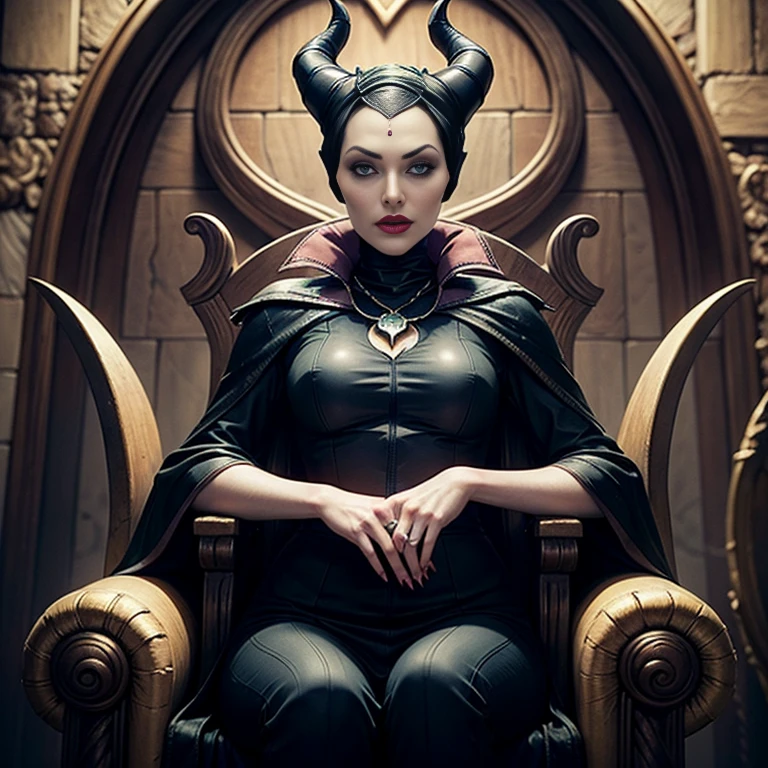 Masterpiece, best quality, detailed face, perfect eyes, Maleficent, pale skin, green eyes, black cowl, demon horns, throne behind her, looking at viewer, Sitting on a dark Throne chair. Behind her. In a dark throne room