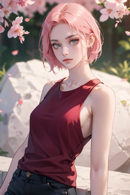 young woman, short shoulder-length pink hair, wide forehead, porcelain skin, pink eyebrows, big emerald green eyes, buttoned nose, full lips, heart-shaped face, slender body, small breasts, red tank top, Sakura Haruno , realistic, realism, details, 3d, well detailed
