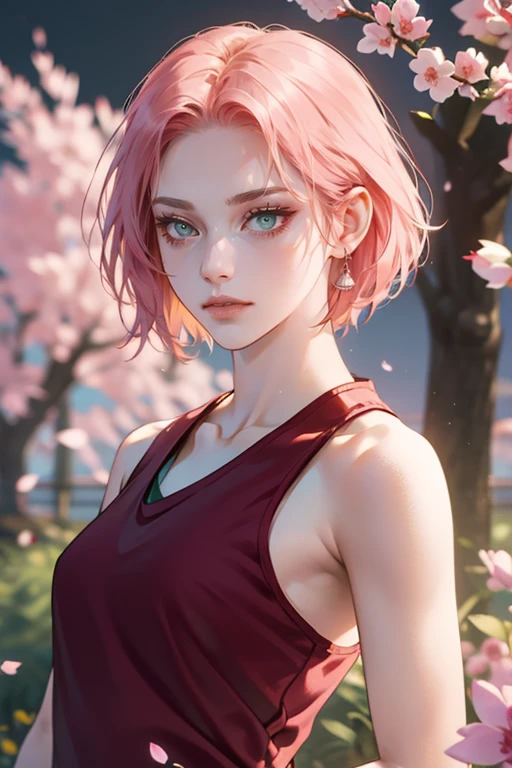 young woman, short shoulder-length pink hair, wide forehead, porcelain skin, pink eyebrows, big emerald green eyes, buttoned nose, full lips, heart-shaped face, slender body, small breasts, red tank top, Sakura Haruno , realistic, realism, details, 3d, well detailed