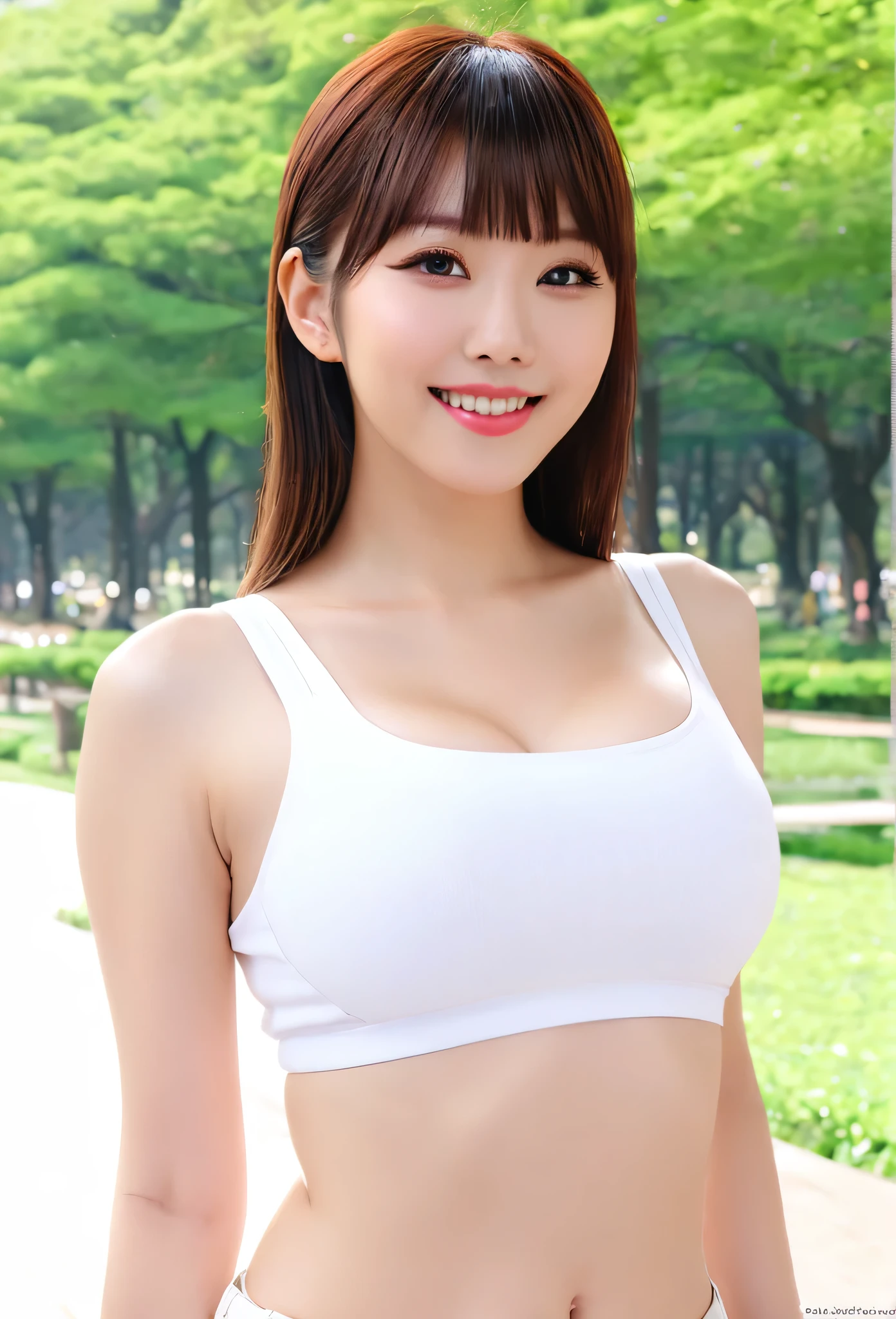 A photo I want to leave behind in the world、Masterpiece、AI’s masterpiece、A photo I want to leave behind in the world、Decisive moment、A miracle photo、A coincidence、27 years old、alone、Perfect beautiful composition、(Tank top、Close Contact)、(Cleavage)、Big big breasts、Bold、liberation、Belly button exposed、Developing?、(Bangs cut in a straight line:1.1)、Slim body、(A shy smile is looking at me:1.1)、(Strongly blurred park background:1.1)、Natural Makeup、smile、Ultra HD Hair、Ultra-high definition sparkling eyes、(Pure white skin shining in ultra-high resolution:1.1)、Ultra-high quality glossy lips、Accurate anatomy、Ultra HD Hair、(Very bright:1.1)