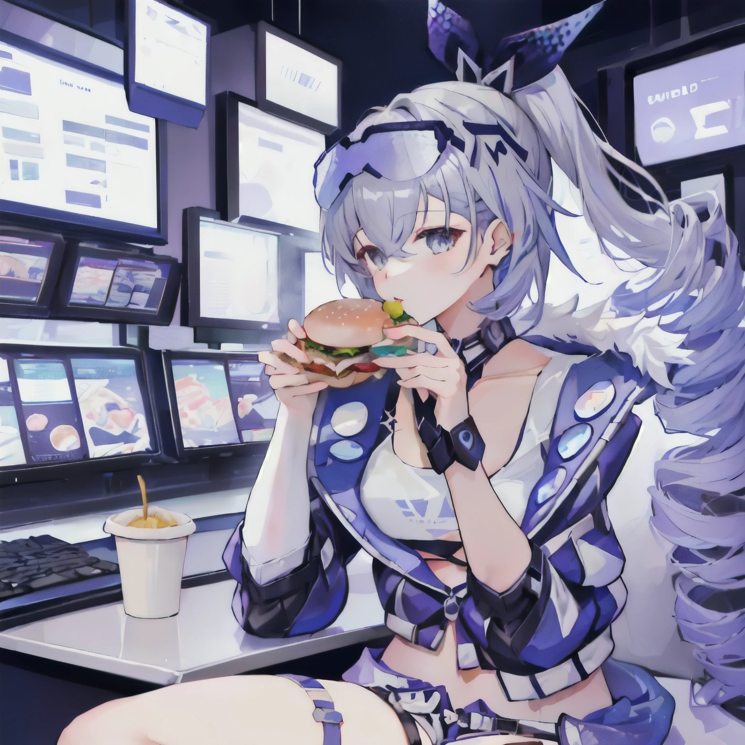 one girl Eating a hamburger and fries at a restaurant, Eating a hamburger, silver wolf honkaistarrail, Anime Food, hacker, Anime Moe Art Style, Jacket, Eat hamburgers with gusto, Crop top, Shorts, Knee socks, boots, Near future, 