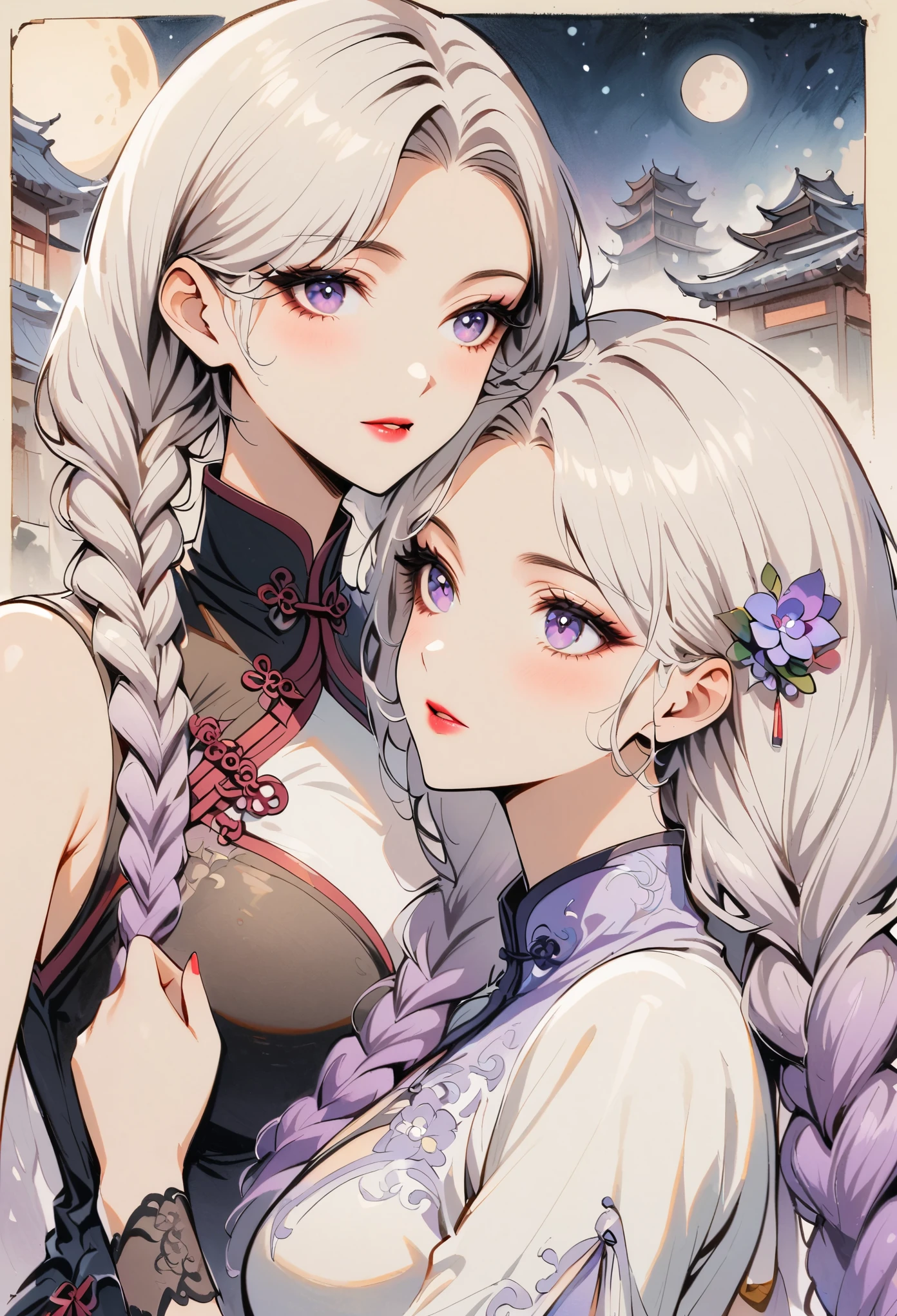 Retro Style, Chinese cheongsam sexy,High-end fashion,A couple of lovers staring at each other, yinji, purple hair, purple eyes, long hair, white hair, double braids, gradient hair,Fine details,Chic and stylish,Perfect makeup,Gorgeous expression,Beautiful and delicate eyes,Beautiful and delicate lips,Professional photography,colorful dress,Fashion Accessories,Brilliant jewelry,Luxurious fabrics,Elegant embroidery,Exquisite patterns,outdoor,(Chinese Architecture),traditional media, (moon: 1.2), Starry Sky, (Light Particles: 1.1), FOG , Snow Painting,