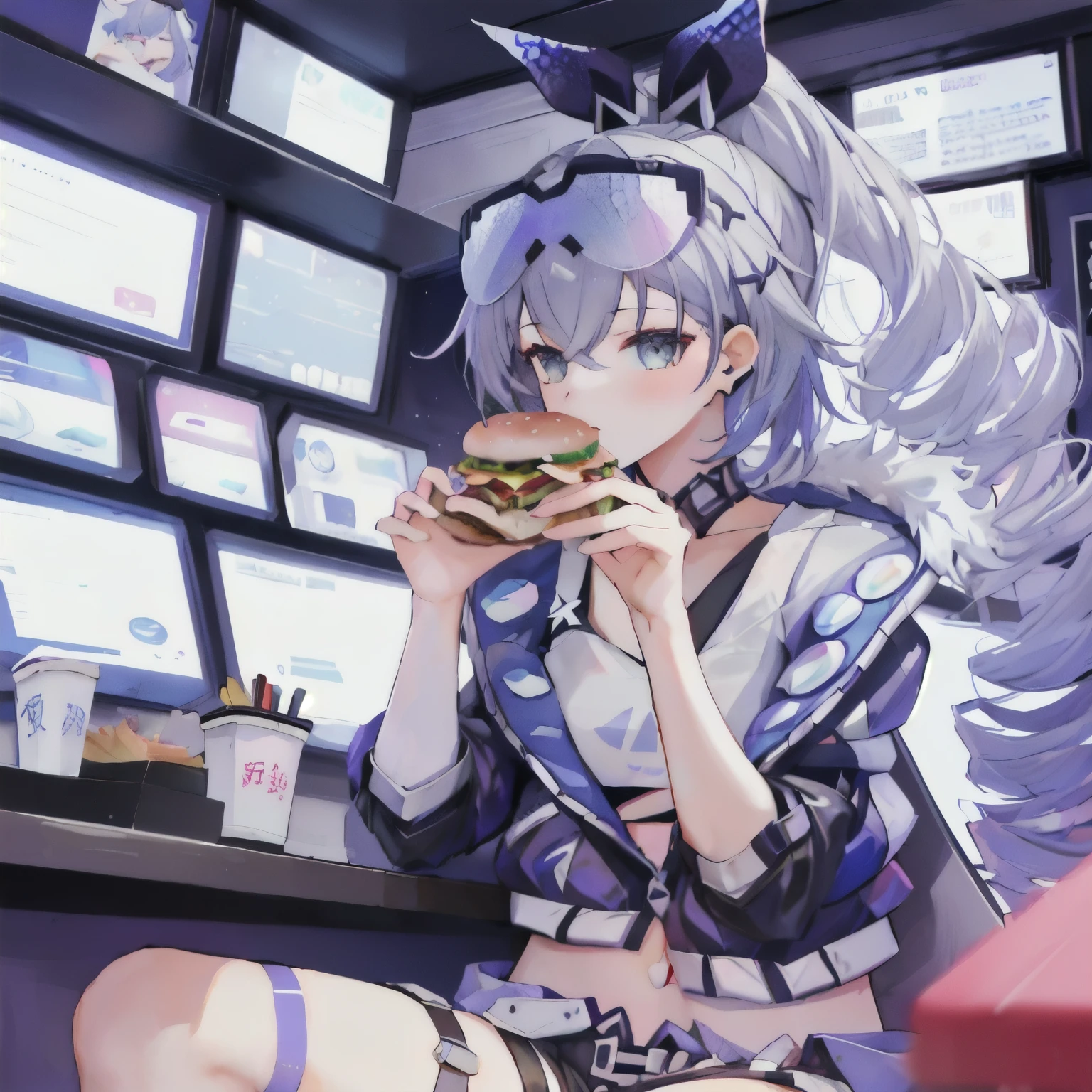 one girl Eating a hamburger and fries at a restaurant, Eating a hamburger, silver wolf honkaistarrail, Anime Food, hacker, Anime Moe Art Style, Jacket, Eat hamburgers with gusto, Crop top, Shorts, Knee socks, boots, Near future,