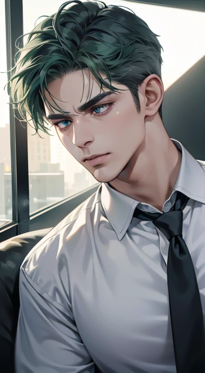 (best quality, masterpiece, 8K, photorealistic, cinematic lighting, hdr image, ultra detailed, beautiful image), 1 man, 31 years old, mature man, very handsome, (without expression, serious), short green hair, blue grey eyes ( penetrating gaze), perfect face without errors, imposing posture, without errors, businessman, office background