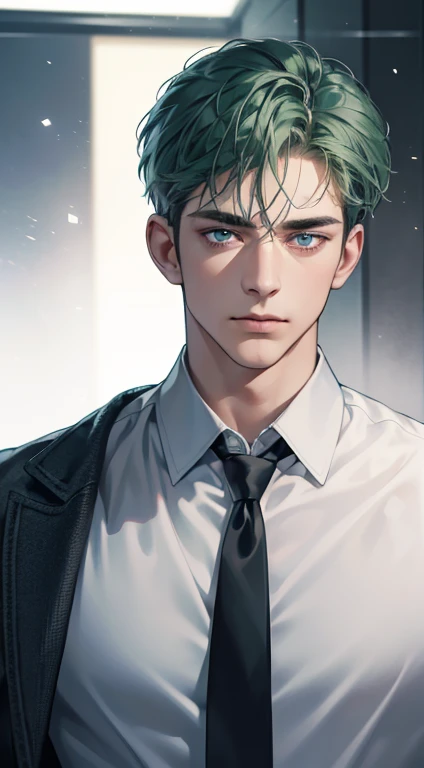 (best quality, masterpiece, 8K, photorealistic, cinematic lighting, hdr image, ultra detailed, beautiful image), 1 man, 31 years old, mature man, very handsome, (without expression, serious), short green hair, blue grey eyes ( penetrating gaze), perfect face without errors, imposing posture, without errors, businessman, office background