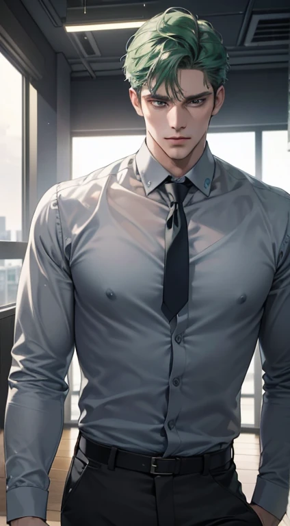 (best quality, masterpiece, 8K, photorealistic, cinematic lighting, hdr image, ultra detailed, beautiful image), 1 man, 31 years old, mature man, very handsome, (without expression, serious), short green hair, blue grey eyes ( penetrating gaze), perfect face without errors, imposing posture, without errors, businessman, office background