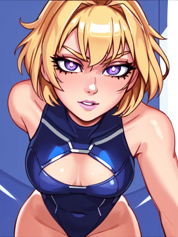 ((Best Quality)), ((Masterpiece)), (detailed), (4k quality), (Detailed face:1.2), (Detailed eyes:1.2), (Agile figure:1.2), solo, 1girl, 22 years old, short blonde hair, blue eyes, shiny purple leotard, natural lighting, (looking at viewer), (detailed pupils:1.3),