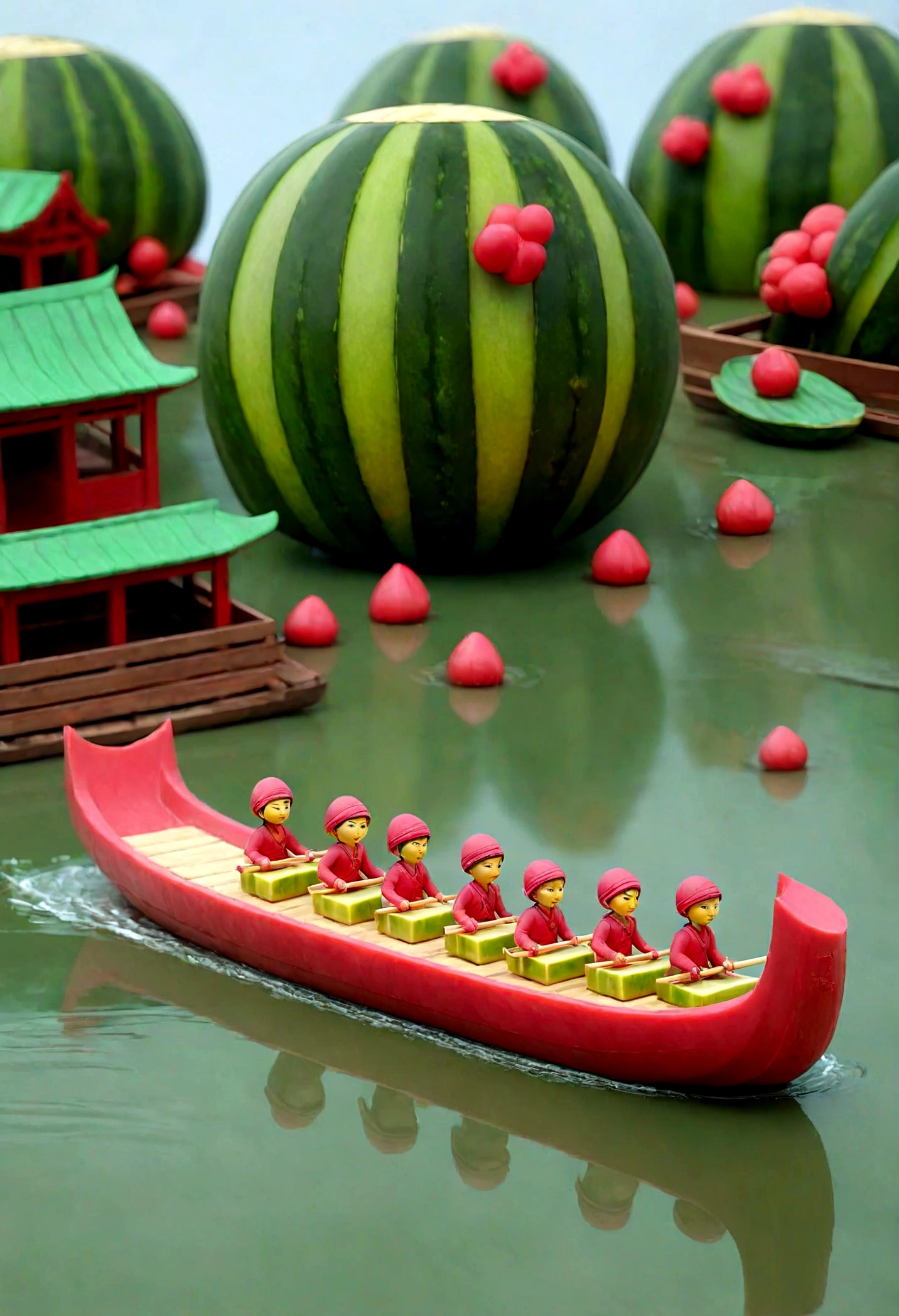 A miniature scene，A group of people are competing in dragon boats made with watermelons， during the Dragon Boat Festival in China, incredibly creative，incredible, Tatsuya Tanaka style