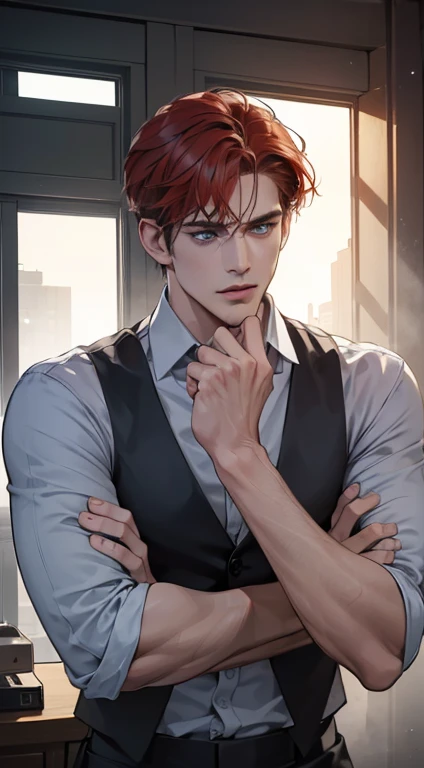 (best quality, masterpiece, 8K, photorealistic, cinematic lighting, hdr image, ultra detailed, beautiful image), 1 man, 31 years old, mature man, very handsome, (without expression, serious), short red hair, blue grey eyes ( penetrating gaze), perfect face without errors, imposing posture, without errors, businessman, office background
